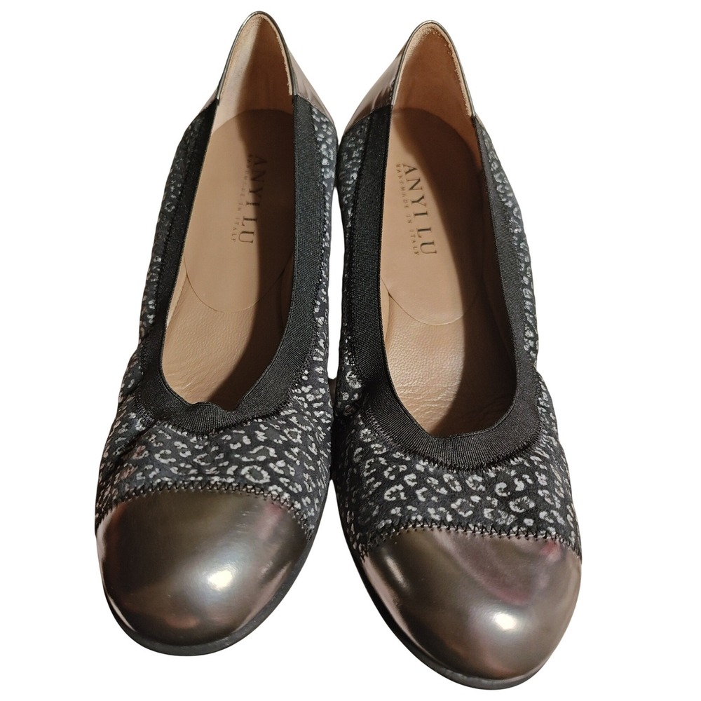 Anyi Lu Flats Silver‎ Black Leopard Print Metallic Cap Toe Italian Handmade 40